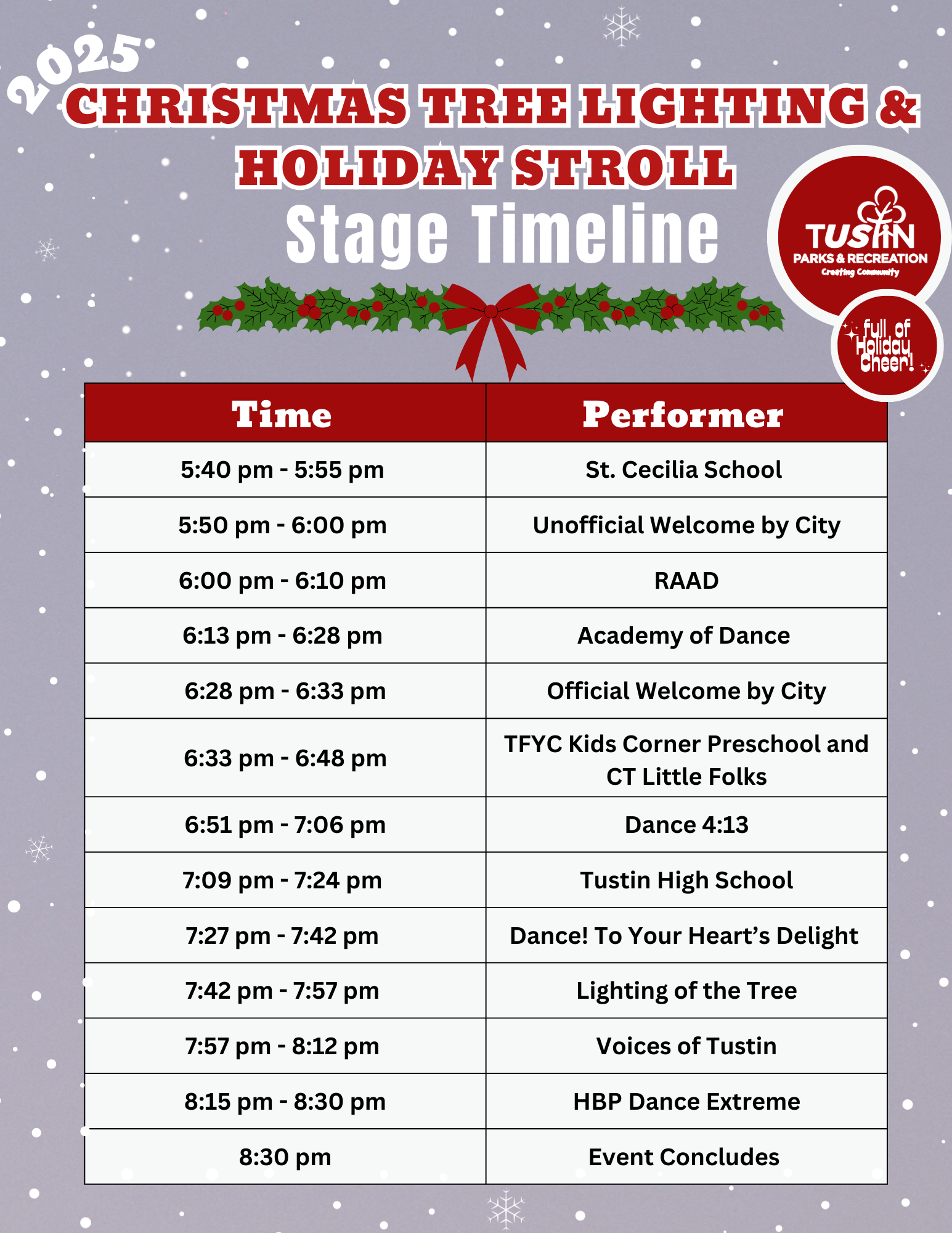 Christmas Tree Lighting and Holiday Stroll Stage Timeline 